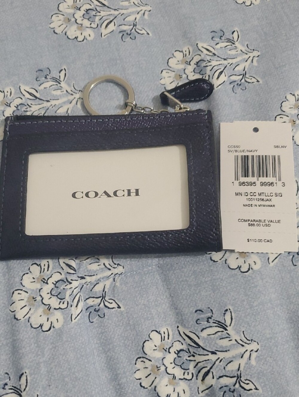 Coach Metallic Navy Leather Card Case with Key Ring - Picture 2 of 2